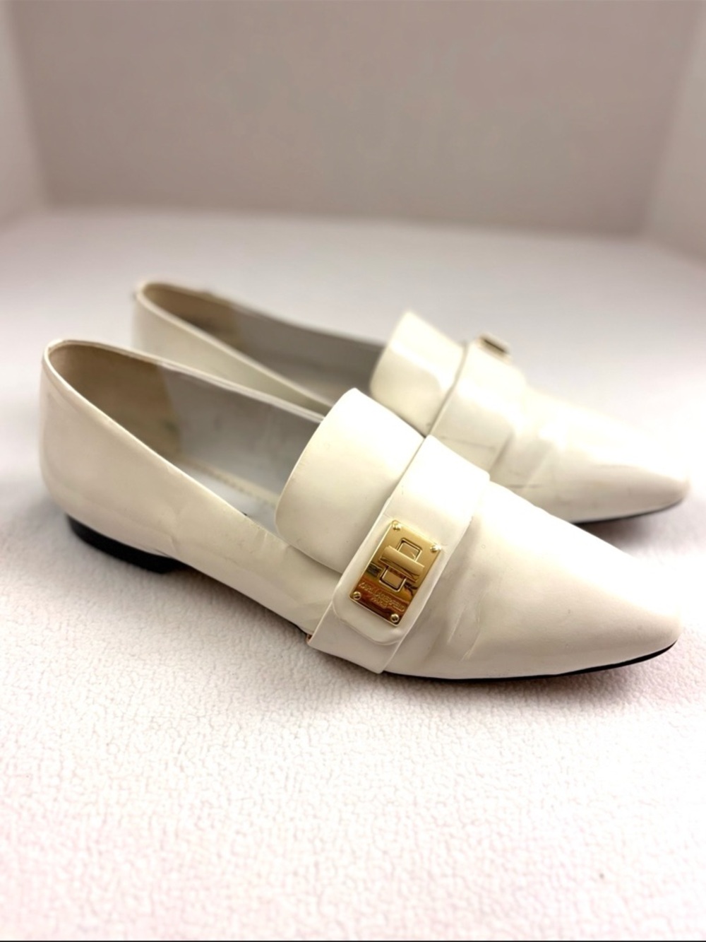 Karl Lagerfeld Paris Nelia White Patent Leather Pointed Toe Loafers Flats US 9.5